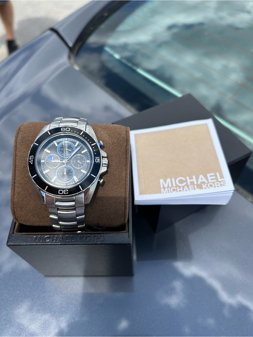 Michael Kors Silver Stainless Steel Chronograph Watch with Black Bezel